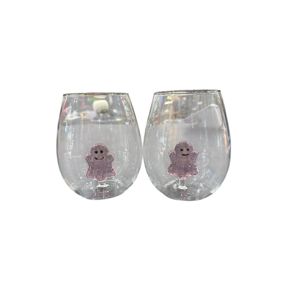 Halloween Clear with a Pink Floating Ghost Pop Up Wine Glass Set Of 2 New - Picture 4 of 4